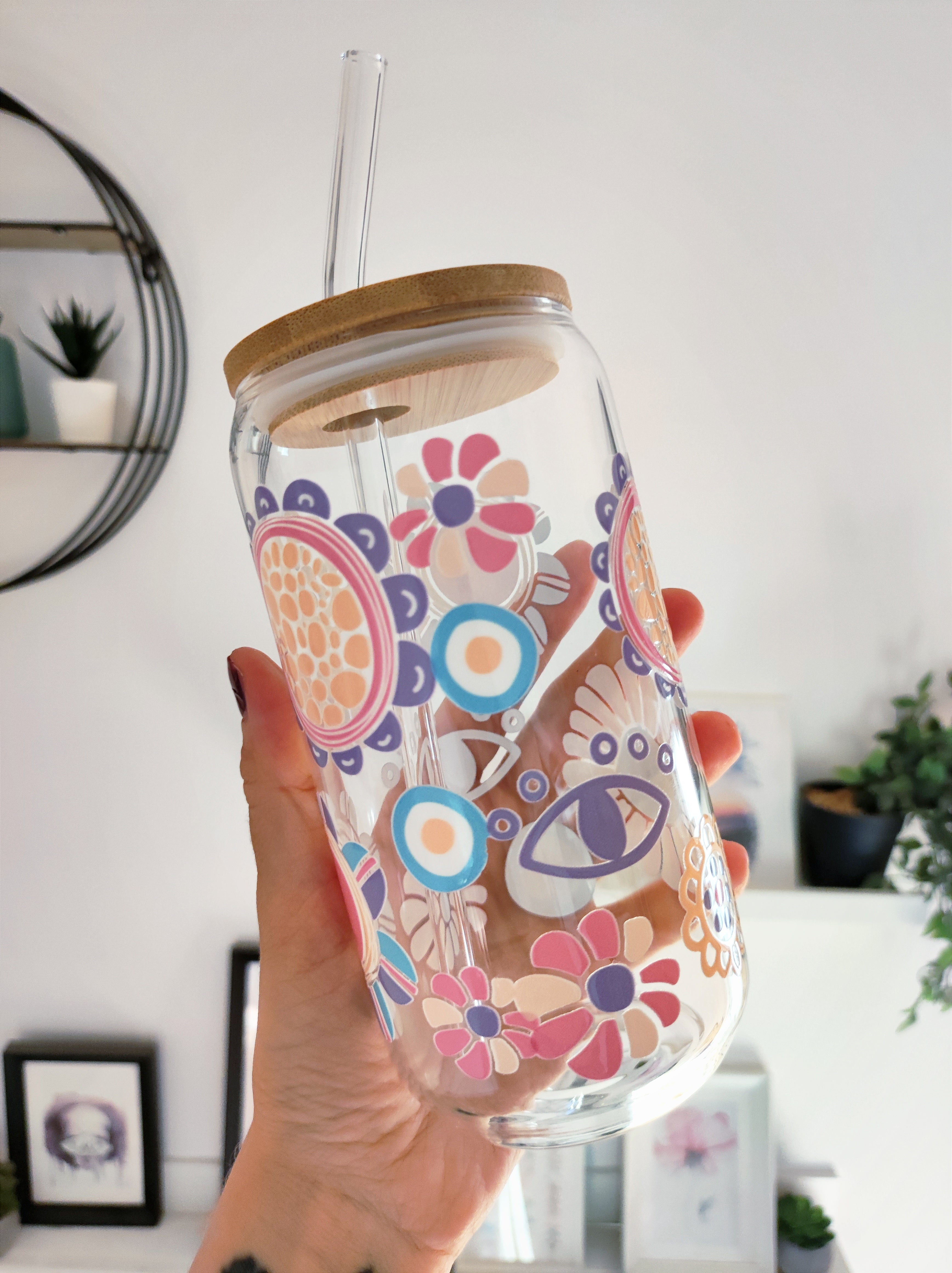 Jar with bamboo lid 500ml - Retro flowers