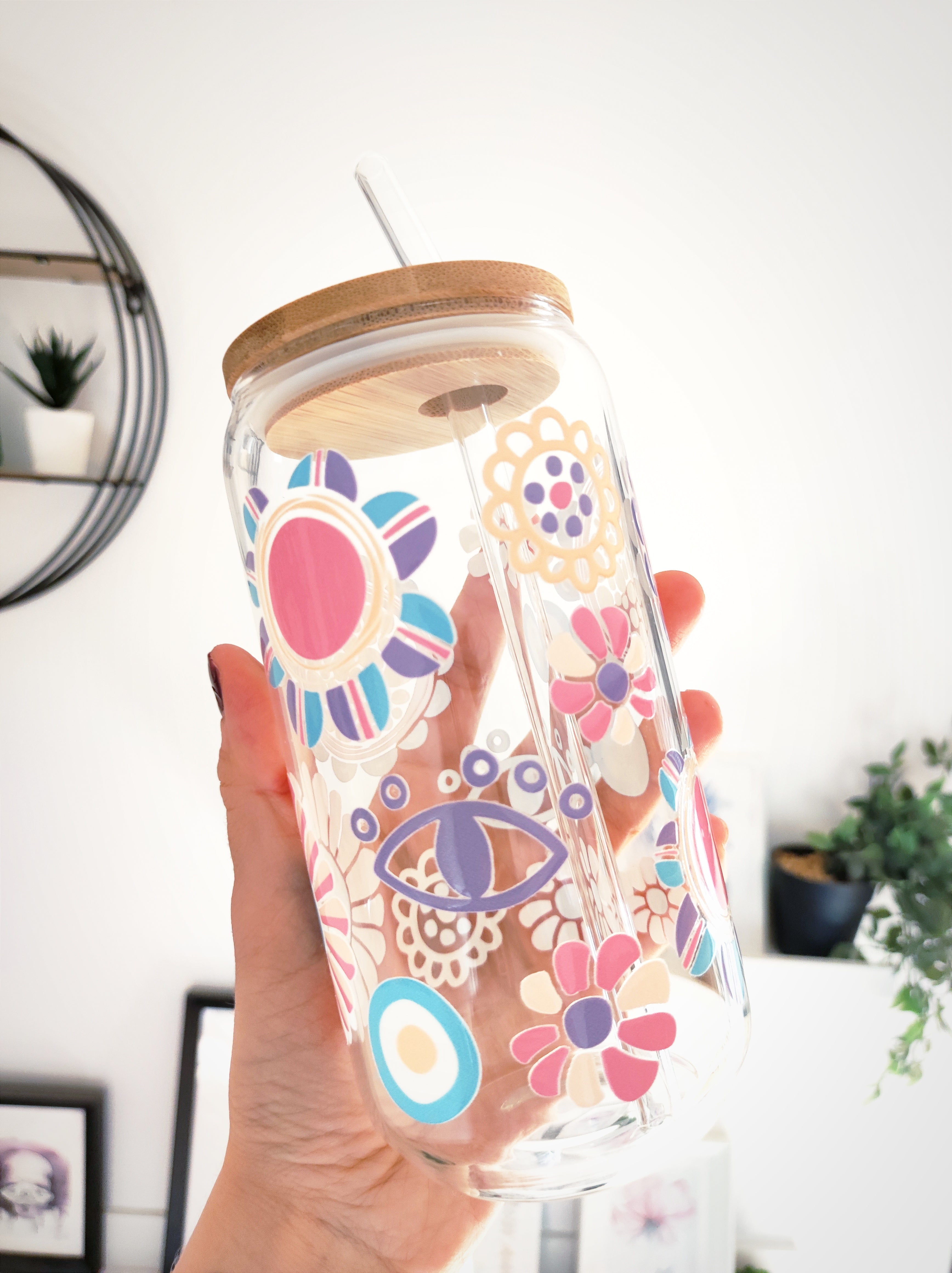 Jar with bamboo lid 500ml - Retro flowers