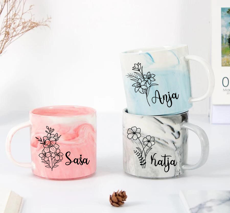 Personalized Marble Mug - Flowers with Meaning and Name