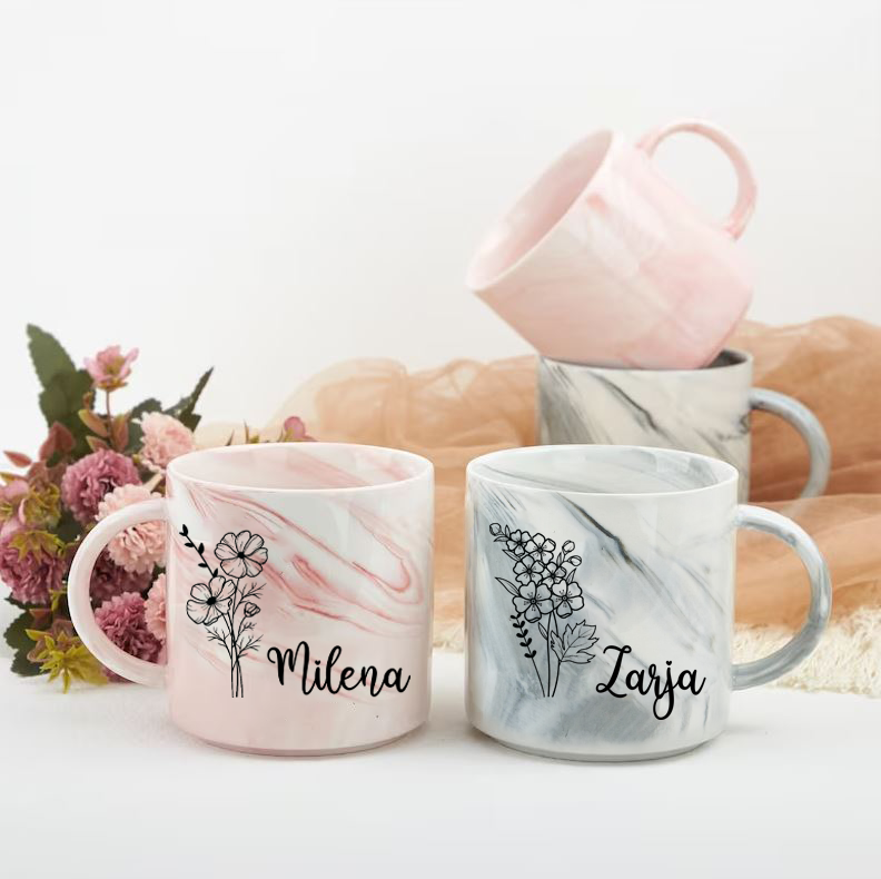 Personalized Marble Mug - Flowers with Meaning and Name