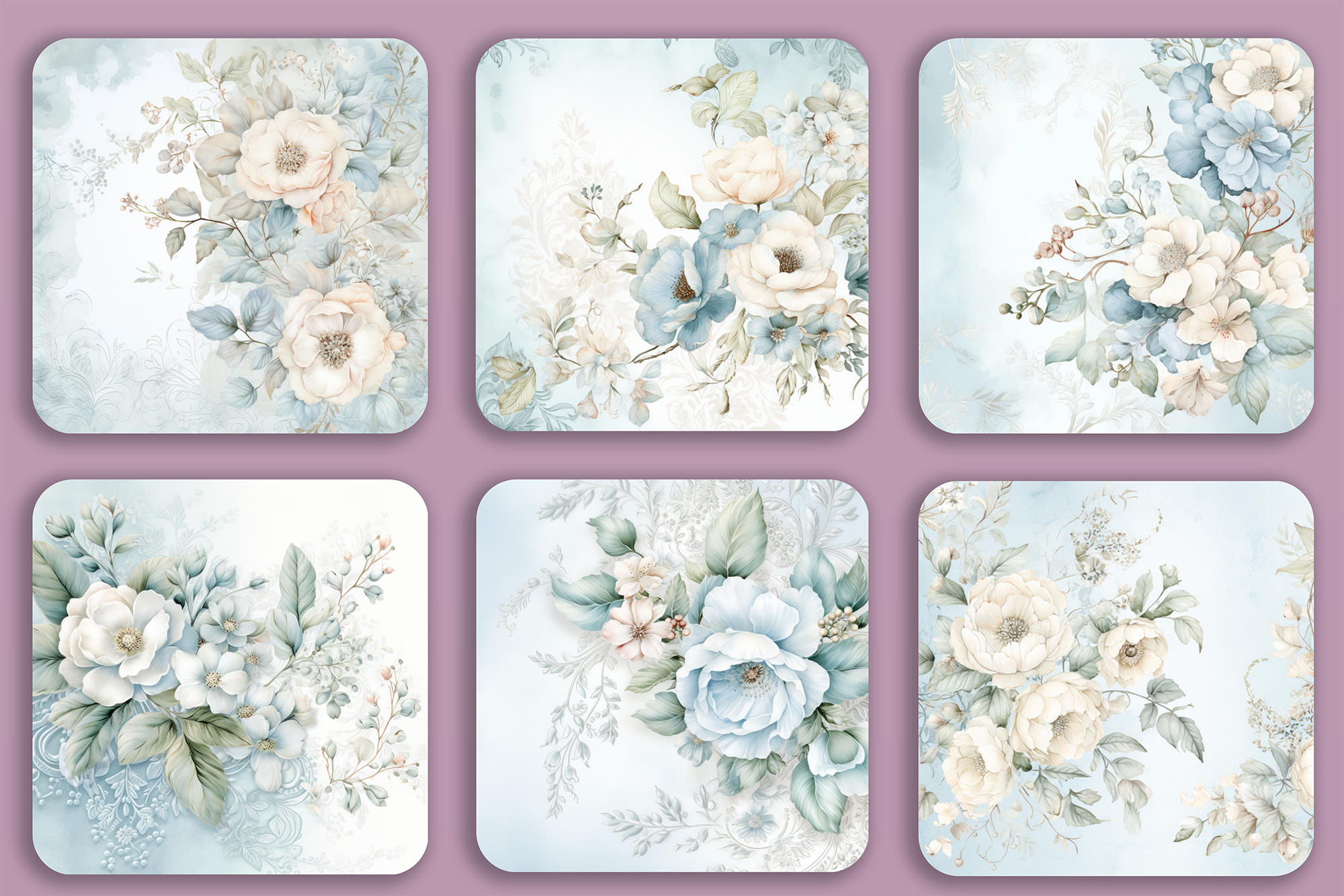 Set of 6 coasters: White flowers
